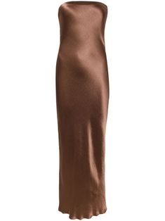 chocolate brown satin finish strapless cut-out detailing draped back ankle-length Bec And Bridge Brown Dress, Bec And Bridge Dresses, Brown Satin Dress, Satin Strapless Dress, Brown Strapless Dress, Chocolate Brown Dress, Brown Bridesmaid Dresses, Bridge Dress, Dark Brown Dress