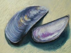 an acrylic painting of two seashells on the sand, one shell is open