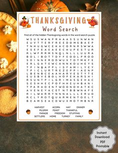 a thanksgiving word search with pumpkins in the background and a pie next to it