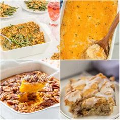 four different pictures with food in them including casserole, baked goods and desserts