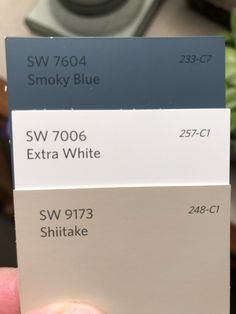 someone is holding up some paint samples in their hand, which are blue and white