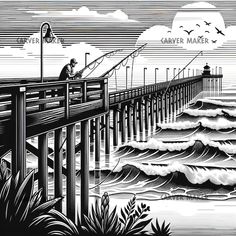 a black and white drawing of a man fishing on a pier with waves in the foreground