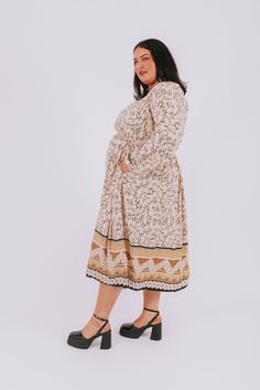 Say 'hello' to your forever dress! The PLUS SIZE - Love Of Your Life Dress is a boho beauty with a wild side, featuring a mix of floral and paisley prints, square neckline, long sleeves, smocked back, and elasticated waistline. Tie your look together with its adjustable cross-back ribbon, and you'll be living your best life! Get ready to swoon! Details Floral/paisley print Long sleeves Elastic along neckline Square neckline Tie across back Elastic waistband Lined Boho look Smocked back Midi-leng Nursing Friendly Tops, Nursing Friendly Dress, Plus Jumpsuit, Living Your Best Life, Boho Beauty, Love Of Your Life, Exclusive Dress, Maternity Shops, Basic Dress