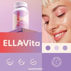 a woman with blonde hair is smiling and has her eyes closed next to a bottle of eliavita