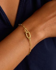 This stylish Crew Link Bracelet features an interlocking link design and push hinge closure, making it easy to wear and perfect for layering with your favorite bracelets. Its beautiful textured detail adds a touch of elegance to any outfit. We love it stacked with dainty gold bracelets. Crew Link Bracelet in 18k Gold, Women's by gorjana Earrings Stacking, Dainty Gold Bracelet, Link Design, Gold Bracelets, 14k Gold Necklace, Mix Style, Gold Necklaces, Stacking Rings, Link Bracelets