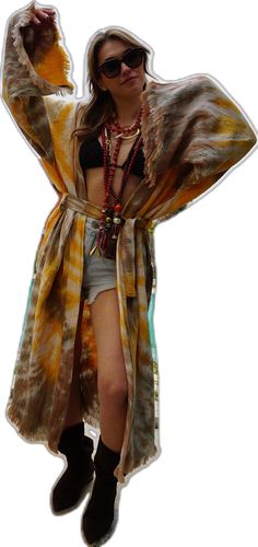 Long Beige Kimono For Festival, Beige Long Kimono For Festival, Long Bohemian Orange Kimono, Traditional Summer Batik Print Kimono, Yellow Bohemian Kimono With Kimono Sleeves, Bohemian Cotton Kimono For Festival, Cotton Bohemian Kimono For Festival, Brown Long Sleeve Kimono For Vacation, Traditional Yellow Cotton Kimono