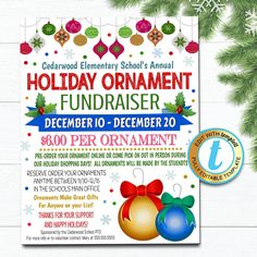 the holiday ornament fundraiser flyer is displayed on a white background with christmas decorations