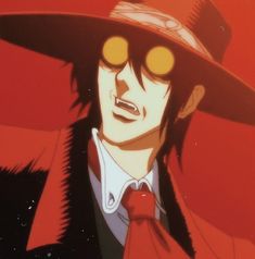 a man in a hat and tie with yellow eyes