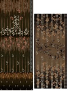 three different rugs with flowers and leaves on them, one in brown and the other in black