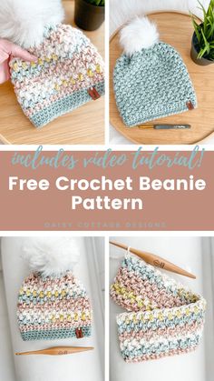 crochet beanie hat with pom - pom on top and free pattern