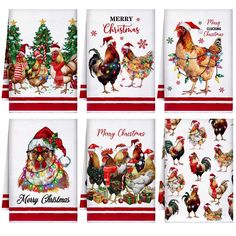 four christmas napkins with chickens and roosters on them