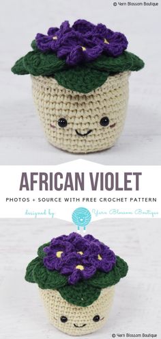 two crocheted cupcakes with purple flowers on top and green leaves on the bottom