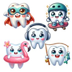 four cartoon toothbrushes with different faces and body parts, one wearing headphones