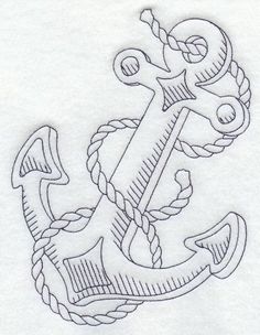 an anchor with rope on it is drawn in black and white, as well as the word