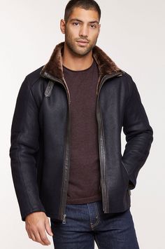 Our classic sheepskin jacket provides the ultimate winter defense. Premium Spanish sheepskin with Napa finish offers an exceptionally plush texture that handles the years and the elements, while thick shearling insulation manages cold weather with ease. The zip front Lance features a high, shearling trimmed collar with buckle strap closure, slant pockets to warm your hands, and buckle side tabs for a comfort fit at the waist. Winter Cool, Sheepskin Jacket, Winter Jacket Men, Warm Coat, 50 Fashion, Leather Coat, Jacket Style, Hand Warmers, Cold Weather