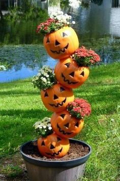 pumpkins stacked on top of each other in a flower pot with flowers growing out of them