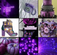 the collage shows many different things in purple