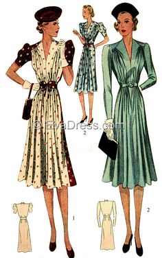 1938 Dress D30-3012 – EvaDress Patterns Blithe Spirit, Zipper Placket, Cute Coats, 30s Fashion, Vintage Dress Patterns, 1930s Fashion, 1940s Fashion, Fashion Plates, Mode Vintage