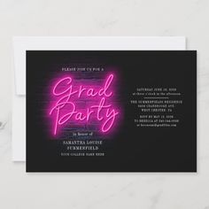 a black and pink party card with neon lights on the front, and text that reads grab party