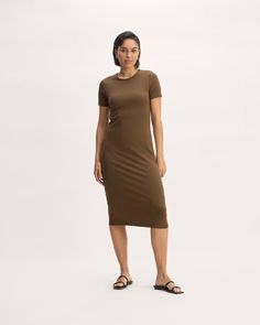 The Supima® Form Midi Dress Cocoa – Everlane Chic Midi Dress With Crew Neck For Work, Fitted Short Sleeve Crew Neck Dress, Fitted Crew Neck Short Sleeve Dress, Fitted Midi Length T-shirt Dress For Summer, Flattering Short Sleeve Bodycon Dress For Spring, Classic Stretch Short Sleeve Midi Dress, Spring Flattering Short Sleeve Bodycon Dress, Spring Short Sleeve Flattering Bodycon Dress, Classic Short Sleeve Bodycon Dress