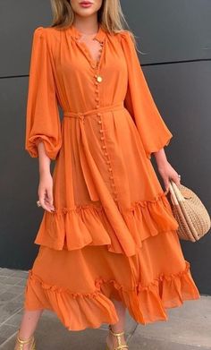 Stile Boho Chic, Ruffle Midi Dress, Button Front Dress, Ruffled Maxi Dress, Vestido Casual, Lantern Sleeve, Hot Dress, Orange Dress, Solid Dress