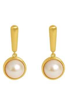 A signature brushed finish textures 22-karat-gold plating in these sleek drop earrings glistening with cultured pearls. 1" drop; 3/8" width Post back Pearl size: 9.5–10mm 22k-gold plate/cultured pearl Imported Pearl Size, Pearl Drop Earrings, Pearl Drop, 22k Gold, Cultured Pearls, Gold Plating, Dean, Gold Plate, Plating