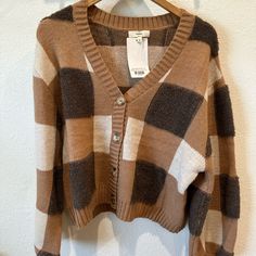 Nwt! From A Local Shop! Fitted Plaid Cardigan For Fall, Patchwork Brown Sweater, Brown Argyle Cardigan Outfit, Plaid V-neck Outerwear For Fall, Retro Brown Long Sleeve Cardigan, Checkerboard Cardigan, Plaid V-neck Cardigan For Fall, Therapist Outfit, Brown Patchwork Button-up Outerwear