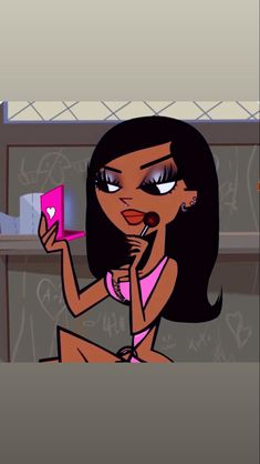 a cartoon girl holding a cell phone in her hand