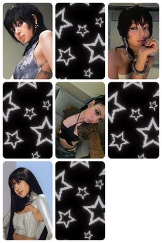 four different pictures of a woman with black hair and white stars on her chest, in front of a mirror