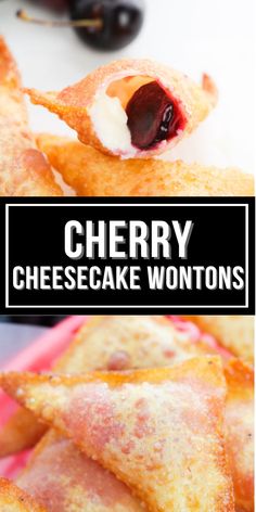 cherry cheesecake wontons on a pink plate with cherries in the background