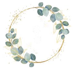 a gold circle frame with green leaves and glitters on the edges, painted in watercolor