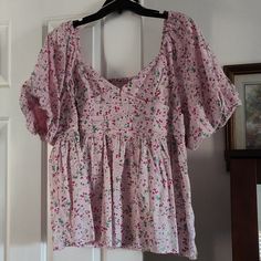 Beautiful Spring Top By Crown And Ivy. Great Detailing In Front And Back. Brand New Never Been Worn. Size Is Xxl. $20 Pink Cotton Blouse For Day Out, Cute Pink V-neck Top, Cute Pink Blouse For Spring, Casual Pink Tops For Daywear, Cute Summer Pink Blouse, Cute Pink Spring Blouse, Cute Pink Summer Blouse, Trendy Pink Floral Print Top, Feminine Pink Tops With Short Sleeves