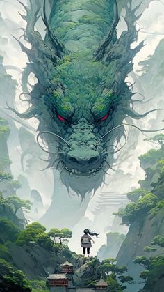 a man standing on top of a cliff next to a giant green dragon head with red eyes