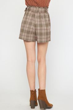 plaid high waist paper bag shorts Brand: Entro Style: P18870 Fabric: 98% POLYESTER 2% SPANDEX Details: Checkered high waisted shorts featuring belt at waist. Pockets at side. Elastic at back waist. Lined. Woven. Non-sheer. Lightweight. 5'9.5" and wearing size Small Trendy Belted Bottoms With Paperbag Waist, Trendy Belted Paperbag Waist Bottoms, Belted Paperbag Waist Shorts For Work, Trendy Paperbag Waist Bottoms For Fall, Fall High Waist Shorts With Belt Loops, High Waist Shorts With Belt Loops For Fall, Trendy Plaid Bottoms For Day Out, Brown High-waisted Shorts With Belt Loops, Trendy Belted Shorts