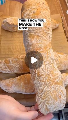 a person is holding a stuffed animal made out of bread