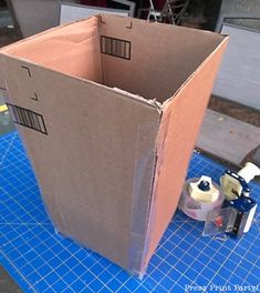 a cardboard box sitting on top of a blue cutting board