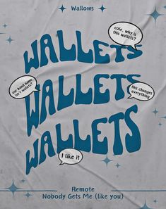 an advertisement for wallett's wallets is shown in blue on a white background