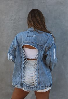 ~100% cotton ~Oversized fit ~Denim jacket ~Button down front ~Ripped back ~Model is 5'9'' wearing a medium Ripped Back, Back Model, Fitted Denim Jacket, Jacket Buttons, My Heart, Denim Shorts, Denim Jacket, Shirt Designs, Tshirt Designs