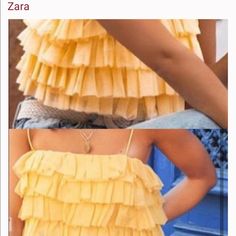 Zara Yellow Ruffled Tulle Crop Top Summer Party Tops With Ruffles, Chic Tiered Ruffle Tops, Tiered Ruffle Top For Summer, Chic Fitted Tiered Tops, Summer Party Tops With Ruffle Hem, Yellow Ruffled Zara Tops, Yellow Zara Tops With Ruffles, Zara Yellow Ruffled Tops, Fitted Ruffled Tiered Tops