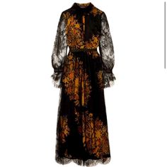 An Absolutely Stunning Etro Dress Has Stunning Black Lace Over Top Of Floral Print Cut Out Front Center There Is A Side Zipper Buttons At The Top And Middle Sleeves Are A Gorgeous Lace Brand New With Tags 4425 Euro $6940 In The Us Italian Size 40 - Fits Like A 4/6 Us Size Will Come With The Velvet Etro Hanger Please Feel Free To Ask Any Questions Formal Orange Silk Dress, Orange Silk Dress For Formal Occasions, Elegant Orange Long Sleeve Maxi Dress, Elegant Long Sleeve Orange Maxi Dress, Orange Long Sleeve Formal Dress, Formal Long Sleeve Orange Maxi Dress, Designer Black Dress For Fall, Orange Silk Formal Dress, Black Silk Dress For Fall