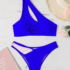 One side hollow out one shoulder solid bikini - Halibuy Bodysuits And Jeans, Bra Materials, Long Halter Dress, Halter Swimwear, Two Piece Swimwear, Preppy Aesthetic, Aesthetic Women, Micro Mini, One Shoulder Tops