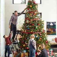 a group of people standing around a christmas tree