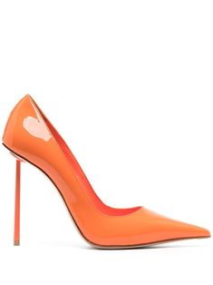 orange calf leather high-shine finish pointed toe branded insole high stiletto heel Orange Pumps, Dress Reference, Walking Gear, Orange Accessories, Fancy Flats, Nature Winter, Orange Heels, Rose Shoes, Heart Shoes