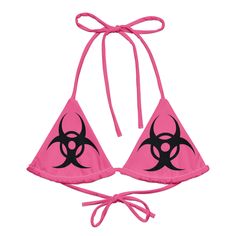 Check out our Biohazard Collection here: https://www.etsy.com/shop/GDSLabel?ref=seller-platform-mcnav&search_query=biohazard Dive into the daring with our Biohazard String Bikini Top, designed for those who love to stand out. This unique top combines a rose pink and black color scheme with a bold biohazard symbol, capturing a blend of Y2K nostalgia and apocalyptic edge.  Perfect for raves, poolside lounging, or beach getaways, this bikini top is sure to turn heads. Whether you're channeling your Cute Pink Rave Outfits, Emo Beach Outfit, 2000s Swimsuit, 2000s Rave Fashion, Y2k Zombie, Gothic Swimwear, Rave Outfits Pink, Biohazard Symbol, Y2k Nostalgia