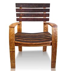 a wooden chair with slatted back and arm rests against a white background,