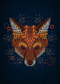 the head of a fox is made up of leaves and circles on a dark background