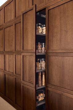 an open pantry door in a wooden cabinet