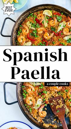 spanish paella with shrimp and peas in a skillet