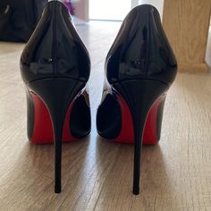 Brand New Never Used Christian Louboutins In The Color Black No Scratches Comes With Box No Dust Bag Luxury Black Heels With Red Sole, Luxury Black Heels With Padded Heel, Black Patent Leather Heels With Red Sole, Black Heels With Red Sole For Evening, Designer Black Heels 4-inch Heel, Black Heels With Branded Heel Counter For Galas, Designer Black Heels With Reinforced Heel, Black Heels For Galas With Branded Heel Counter, Designer Black Closed Toe Heels