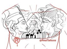 a drawing of two people facing each other with the words real tattoos on their foreheads